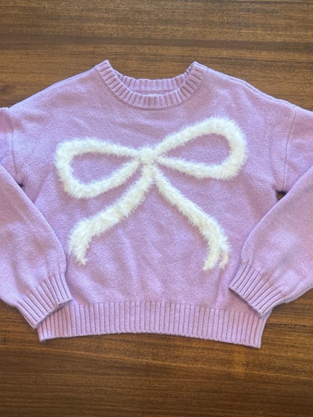 Old Navy girls large Lavender Crewneck Sweater with White Fuzzy Bow